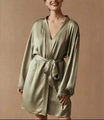Anthropologie BHLDN Matine Satin Robe Large Sage Green Lave Trim Sleep Lounge - Image 1 of 4