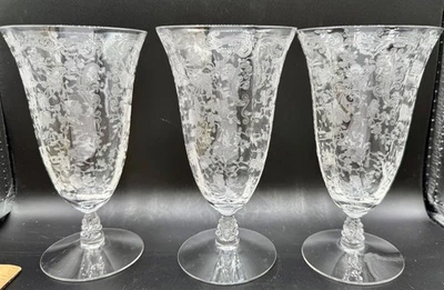 VINTAGE FOSTORIA WATER WINE OPTIC GLASS SET 3 FLOWER GARLAND ETCHED FLARE - Image 1 of 4