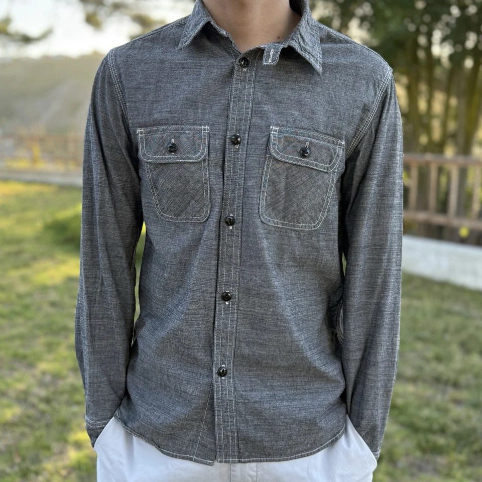 Five Brother Shirt Men Gray Large Chin Strap Sanforized Union Made USA True Vtg - Image 1 of 4