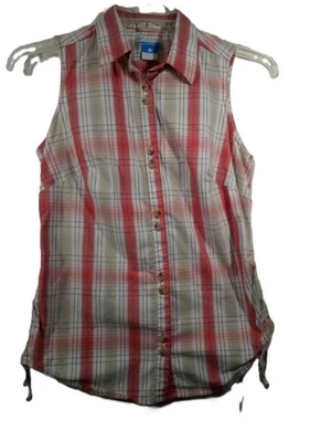 Top Columbia para mujer S rojo a cuadros ajustado cuello sin mangas con botones Foto 1 de 4