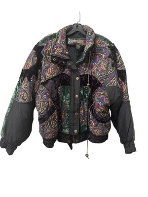 Vintage East West Paisley Puffer Jacket Size M Multicolor Velvet Trim 80s 90s - Image 1 of 4