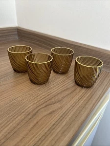 4 X Amber Brown Tealight Holders Swirl Glass Gold Trim Candles DIY wedding  - Picture 1 of 6