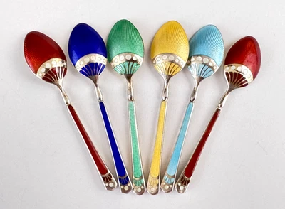 6 Birmingham Turner & Simpson Multicolor Guilloche Enamel Sterling Silver Spoons - Image 1 of 4