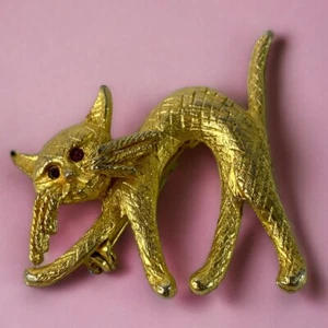 "Broche prendedor vintage tono dorado ojos rojos gato pedrería 1,75"" pulgadas" - Imagen 1 de 5
