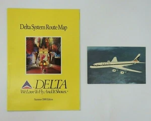 Vintage 1998 Delta System Routenkarte Disney Grafik & DC8 Flugzeug Postkarte - Bild 1 von 5
