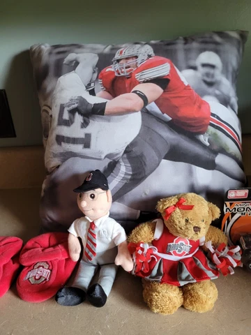 5 pc Ohio State Lot Some Vintage- Hawk Autographed Pillow,Baby slippers,Woody Cover