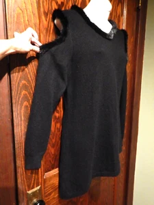 JOCELYN real fur trim cold shoulder tunic sweater hoodie knit top S goth 3C - Picture 1 of 7