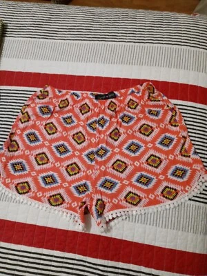 Derek Heart Girl Orange multicolor rhombus shorts with pompom trim M 10/12   330 - Image 1 of 4