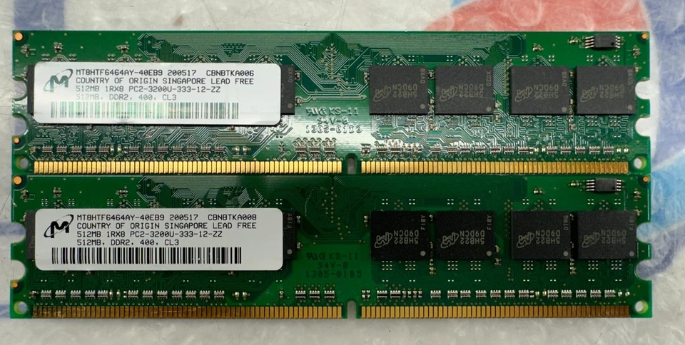 512MB X2  Micron 1GB DDR2 RAM Memory Module MT8HTF6464AY-40EB9 - Image 1 of 2