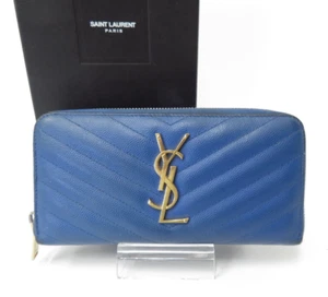 Authentic YSL Saint Laurent Leather V stitch Zip Around Long Wallet #42069 - Picture 1 of 22