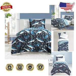 Complete 7-Piece Kids Bedding Set: Blue Shark Comforter & Sheets for Full Bed - Picture 1 of 12