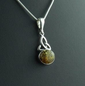 Celtic Green Baltic Amber Sterling Silver Charm Gemstone Pendant Necklace Womens - Picture 1 of 7