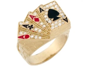 10k or 14k Solid Gold CZ Four of A Kind Poker Cards Enamel Lucky Mens Ring - Picture 1 of 4