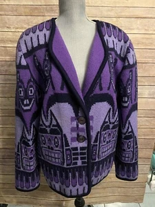 Cárdigan de lana vintage Longhouse hecho a mano Canadá púrpura nativo Tiki talla 12 - Imagen 1 de 12