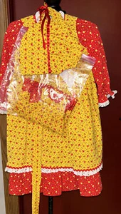 Handmade Sewn Matching Girls Sz6/Doll Dress Bonnet Country Prairie Red/Yellow - Picture 1 of 7