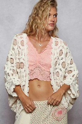 POL Openwork V-Neck Chenille Cardigan with Contrast Floral - Image 1 of 4