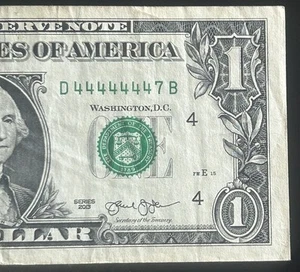 (NEAR SOLID!!) $1 Binary Near Solid 7 In A Row Fancy Serial Number D44444447B - Picture 1 of 3