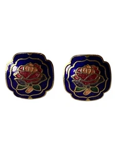 Aretes vintage Cloisonné flor rosa azul y oro 0,55 pulgadas, 3,3 gramos - Imagen 1 de 9