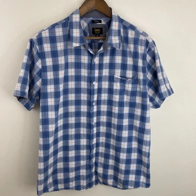 LEE Stretch Shirt Mens XL Blue Plaid Short Sleeve Button Classic Preppy - Image 1 of 4