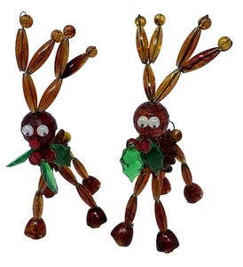 Lote de 2 estatuillas únicas de Navidad de renos con cuentas acrílicas ámbar con cable a mano años 70’s - Imagen 1 de 20