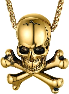 18k Gold Plated Skull Necklace Jewelry Gifts for Men Him Gothic Skeleton Pendant - Picture 1 of 7