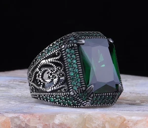 Handmade 925 Sterling Silver Green cubik zircone stone Jewelry Mens Ring - Picture 1 of 4