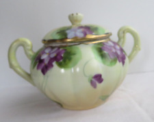 Vintage Nippon China Green Violet Sugar Bowl Lid Small Handpainted Gold Detail