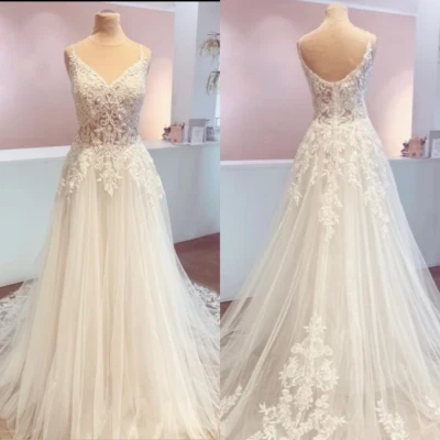 Beach Boho Wedding Dresses Sweep Train Elegant White Ivory Tulle Bridal Gowns - Image 1 of 4