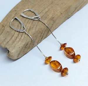Pendientes colgantes de plata de ley 925 ámbar báltico natural gotas largas sueltas - Imagen 1 de 4