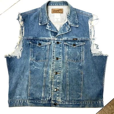 De Colección Años 80 Wrangler Azul Jean TRUCKER Sin Mangas DENIM Western LOGO Chaqueta Chaleco 2X Foto 1 de 4