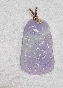 Vintage Lavendel weiße Jade geschnitzter Anhänger 14K Gold 14 Gramm 1,5" - Bild 1 von 7