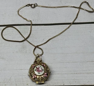 VTG Signed Coro Pink Flower Enamel Gold Tone 4 Frame Locket Necklace - Picture 1 of 9