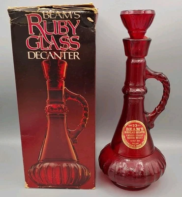 VTG Jim Beam Red Ruby Glass Genie Bottle Decanter with Stopper And Box Rare 13×5 - Image 1 of 4