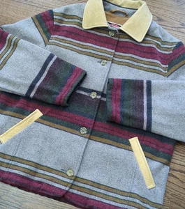 Vintage Australian Outback Wool Southwest Striped Jacket Leather Trim Woman Gr. L - Bild 1 von 9