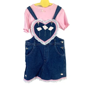 Vintage Jean Overalls Dress Heart Applique Pink Shirt Outfit Size 5 - Picture 1 of 3