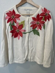 Vintage Carly St. Claire Weihnachten weiß Urlaub Pullover Cardigan S Weihnachtsstern flauschig - Bild 1 von 8