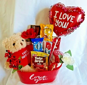 Valentine's Day Gift Arrangement Teddy Bear Baskets, Flowers Candy/Chocolates - Picture 1 of 4