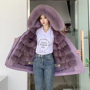 Women Hooded Real Fox Fur Collar Detachable Lined Mid Long Coat Parka Winter Zip - Picture 1 of 35