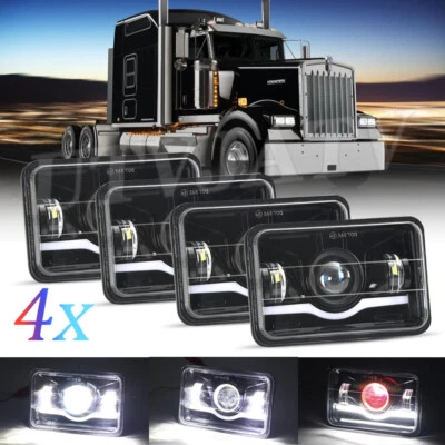 4pc Black 4x6" Led Headlights H4656 w/Red DRL for Kenworth T400 T600A T800 W900 - Image 1 of 4