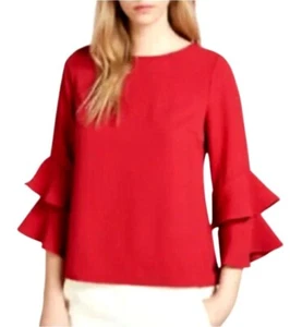 J Crew Shirt Women 00 Petite Red Crepe Lana Tiered Bell Sleeve Blouse NWT Preppy - Picture 1 of 14