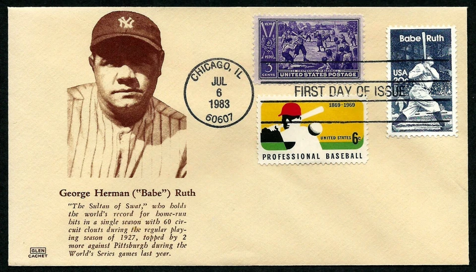USA, SCOTT # 2046, 1381 & 855, GLEN FDC COVER - BABE RUTH SULTAN OF SWAT, 1983 - Image 1 of 1