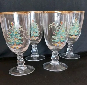 Spode Christmas Tree Goblets Set Of 4 Gold Trim On Rim - Picture 1 of 4
