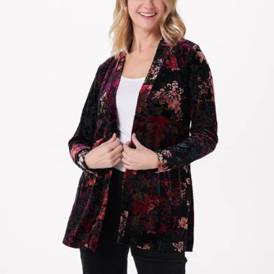 Susan Graver Printed Burnout Velvet Open Front Cardigan Wine - Image 1 of 3