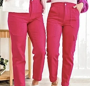NWT Risen High Rise Fuchsia Cargo Boyfriend Jeans Stretch Size 11 - Picture 1 of 4