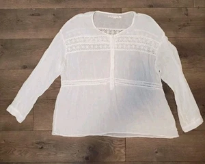 Xirena Sz M Off White Gauzy Lace Top Boho Hippie Peasant Button Tunic Beachy - Picture 1 of 15