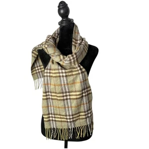 Burberry 100% Cashmere Green Scarf Plaid Checkered Fringe Made in England Unisex - Picture 1 of 5