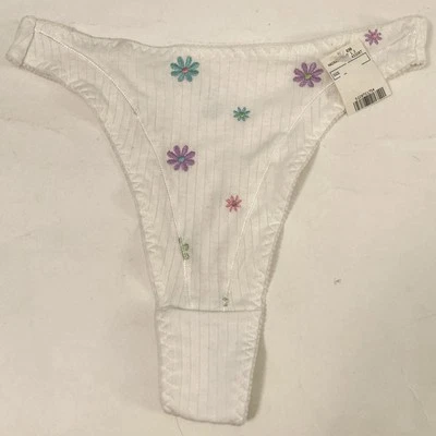 Tanga bragas vintage años 90 Y2K ropa interior corte alto pierna cintura algodón flores blancas Foto 1 de 4