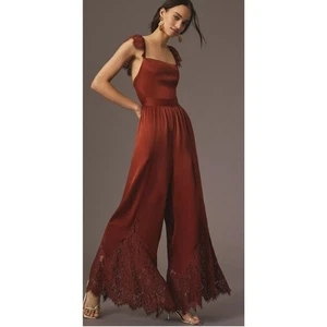 Anthropologie Satin Ruffle Sleeve Lace Mix Wide Leg Rust Jumpsuit 14 - Picture 1 of 7