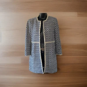ZARA Jacket Blue White Fringe Pockets Jacquard Mid Length Open Sz S R2 - Picture 1 of 7