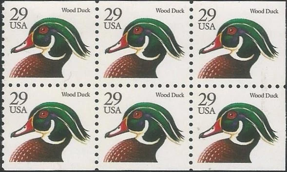 Booklet Pane of 6 stamps - Scott 2484 - 29 cent - Wood Duck - 1991 - MNH - Image 1 of 1